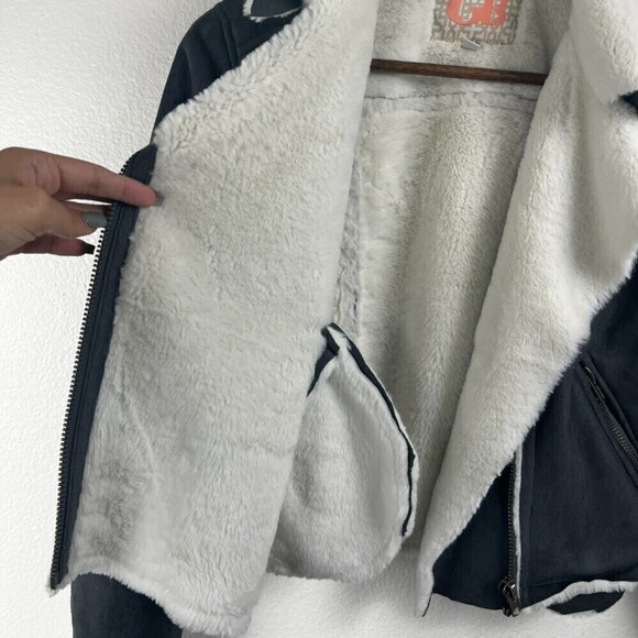 GB Faux Suede Size XS Vegan Fur Full Zip Asymmetrical Grey Moto Peter Pan Jacket - Picture 7 of 7